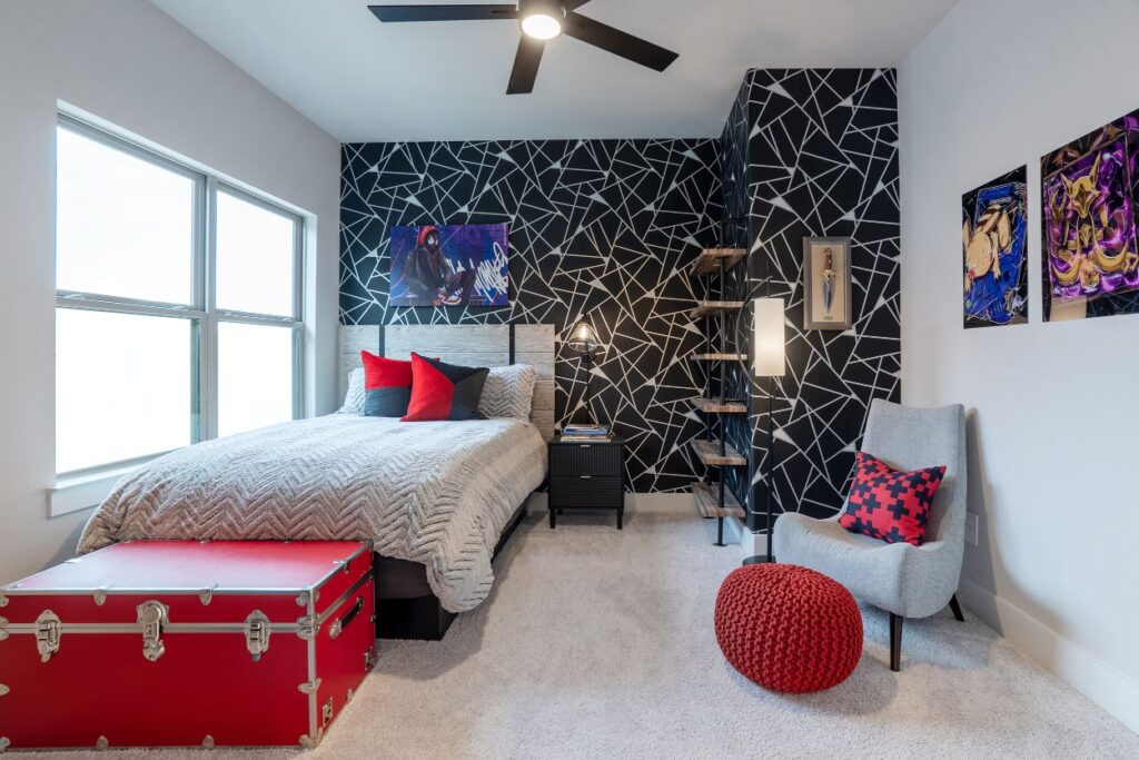 example of Black and white color scheme in bedroom design with "crackled" wallpaper