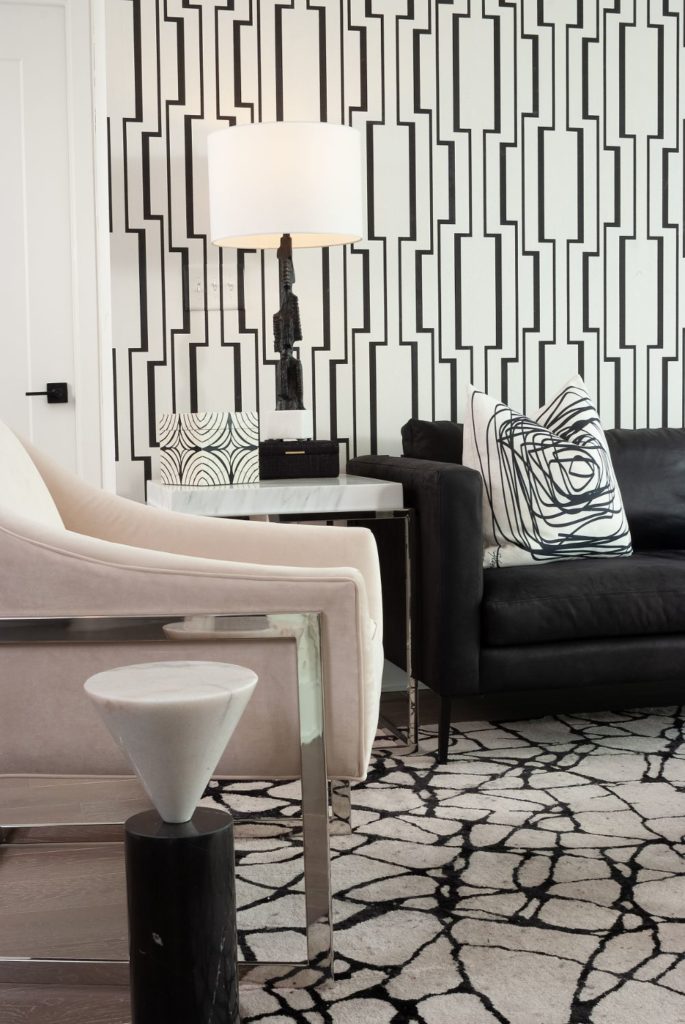 Black and white wallpaper on accent walls
