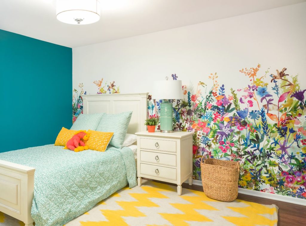 Fun floral painted wall for young girll
